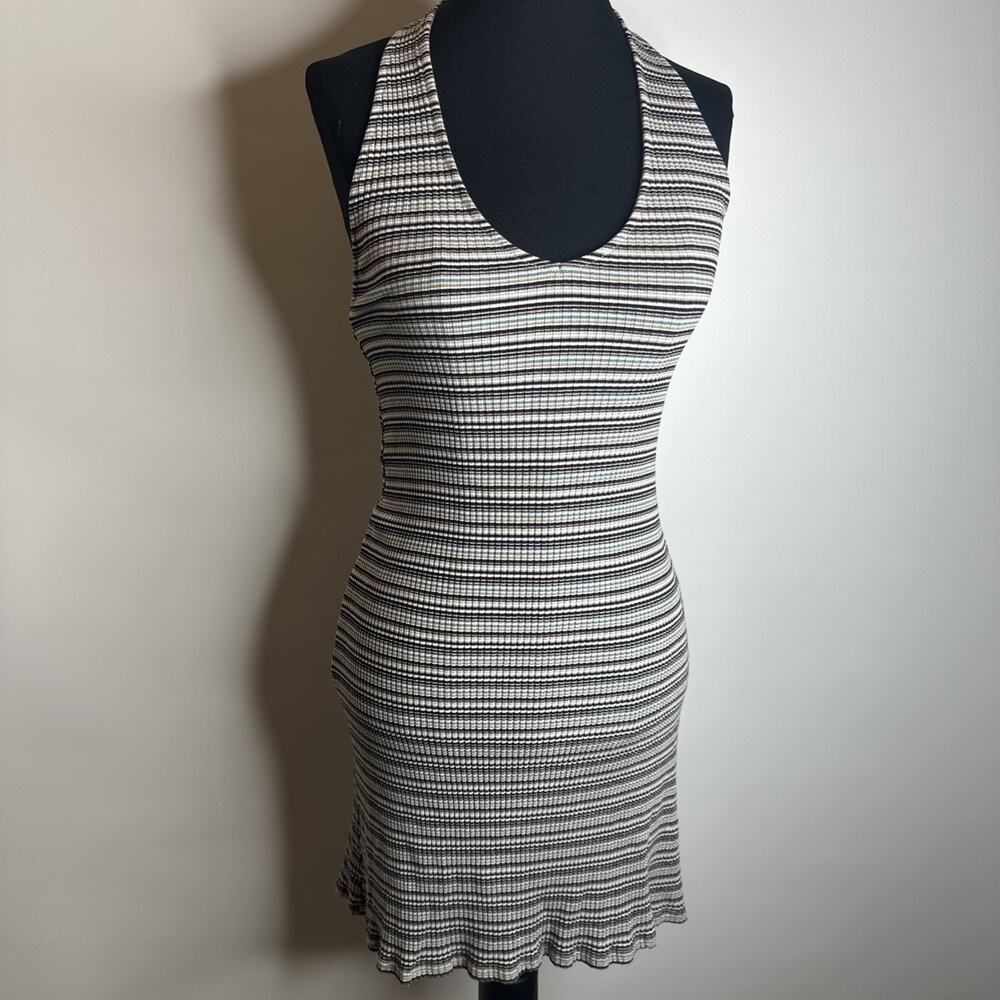 American Eagle Multicolor Striped Halter Dress Large Ribbed Open Back 90s Style